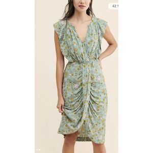 Anthropologie Women's Maeve Blossom Ruffled Mini Dress Sage Floral Draped Sz 12
